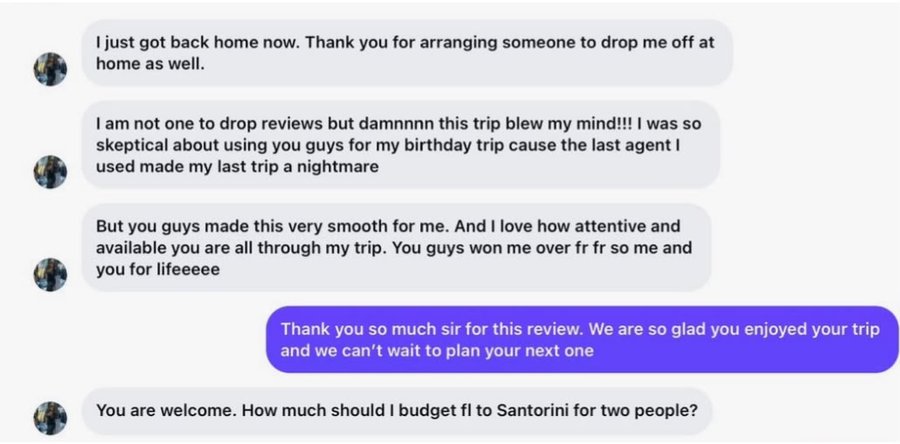 Client message about a birthday trip