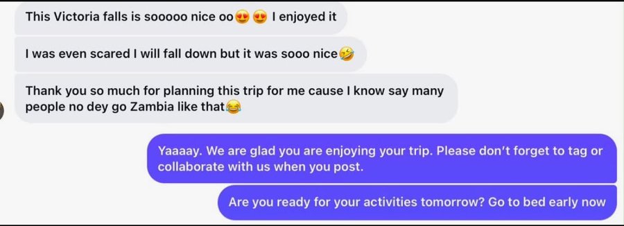 Client message about Victoria Falls, Zambia
