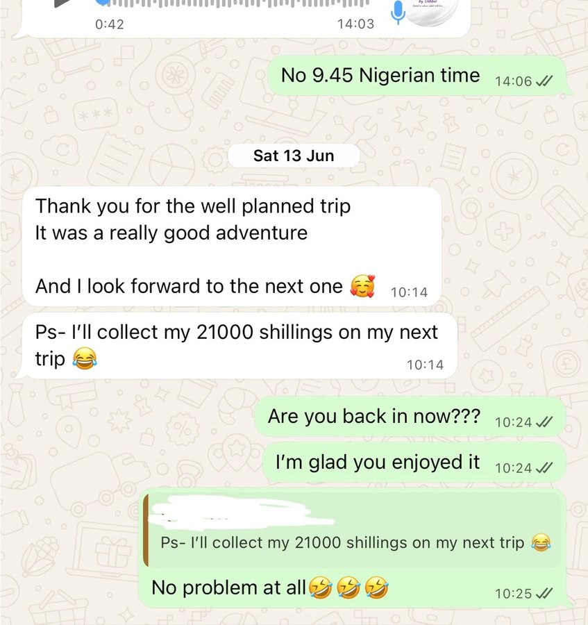 Client message about a well planned trip
